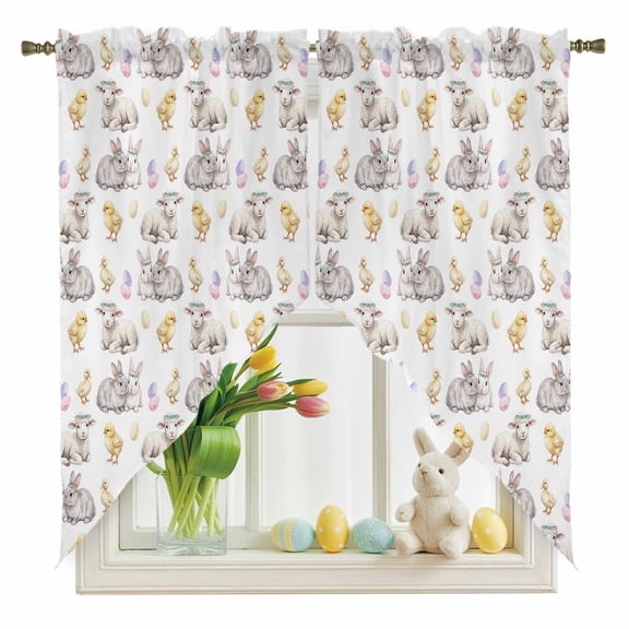 Easter Bunny Swag Kitchen Curtain Valances, Spring Cute Rabbit Easter Egg Lamb Yellow Chicks Rod Pocket Curtains Window Treatment Decor Valances for Bedroom Bathroom, 2 Panels 36 x 36 Inch