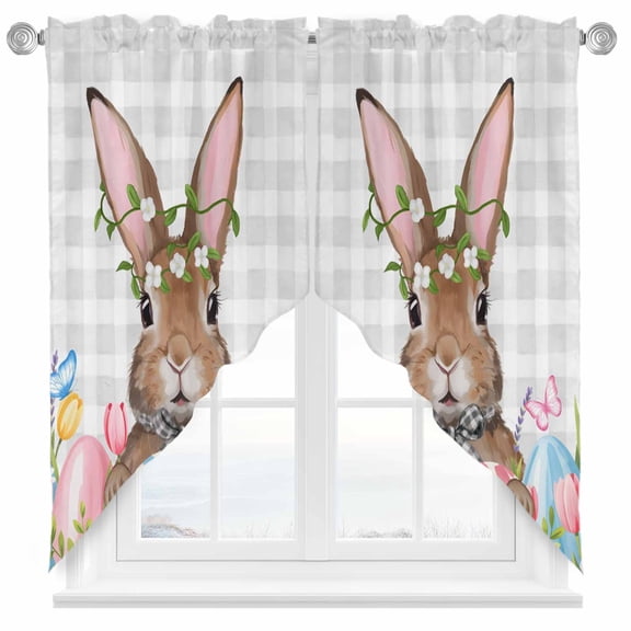 Easter Bunny Swag Kitchen Curtain Valances, Spring Tulips Flower Floral Pink Blue Eggs Light Grey Plaid Rod Pocket Curtains Window Treatment Decor Valances for Bedroom Bathroom, 2 Panels 28 x 36 Inch