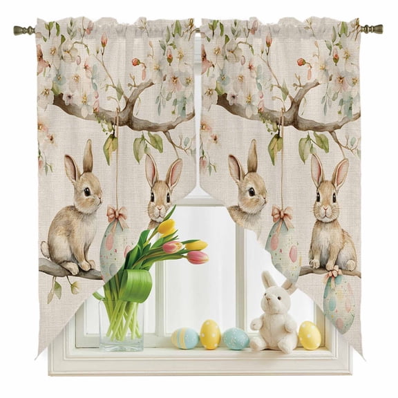 Easter Bunny Swag Kitchen Curtain Valances, Vintage White Eggs Branch Leaf Spring Flowers Linen Texture Rod Pocket Curtains Window Treatment Decor Valances for Bedroom Bathroom, 2 Panels 28 x 36 Inch