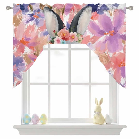 Easter Bunny Swag Valances for Kitchen Window, Watercolor Red Purple Pink Floral Rabbit Small Swag Valances Rod Pocket Curtain Drapes Window Treatment for Bedroom Bathroom, 56x36 Inch