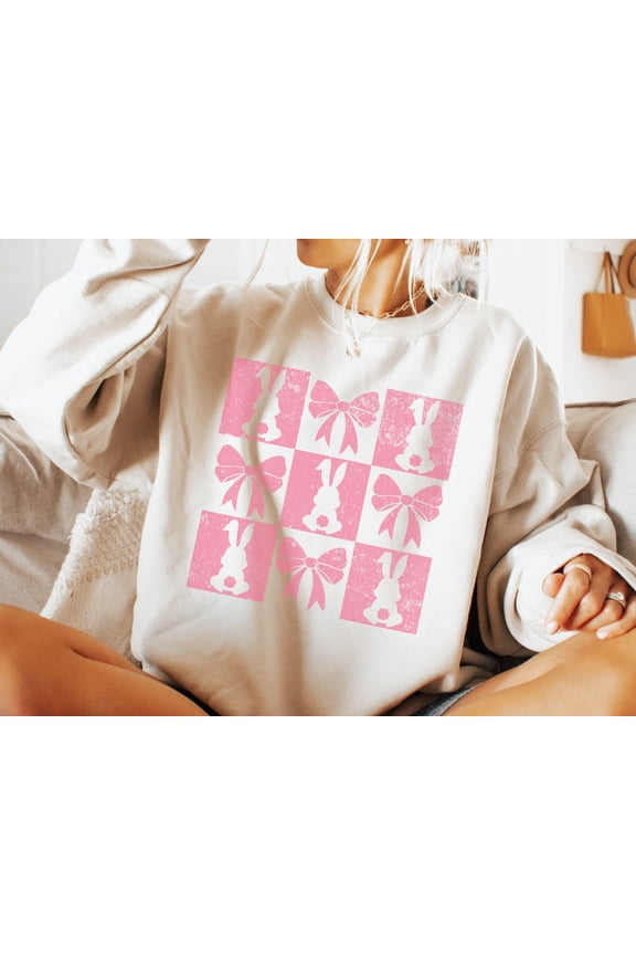 Easter Bunny Sweatshirt, Easter Bow Sweatshirt, Easter Coquette Bow Shirt, Spring Sweater, Trendy Crewneck, Checkered Easter Sweatshirt All Size S-5Xl
