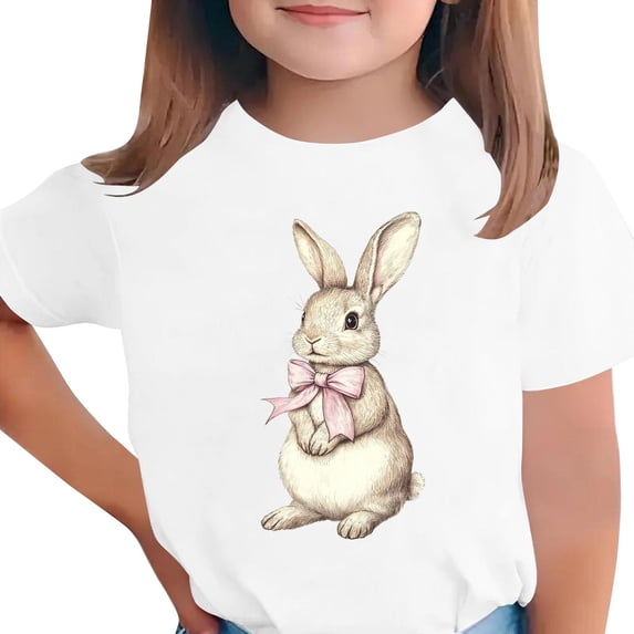 Easter Bunny T-Shirt White Cute Vintage Rabbit Graphic with Bow Girls Soft Stretch Short Sleeve Tee for Kids Spring,Size 9-10T