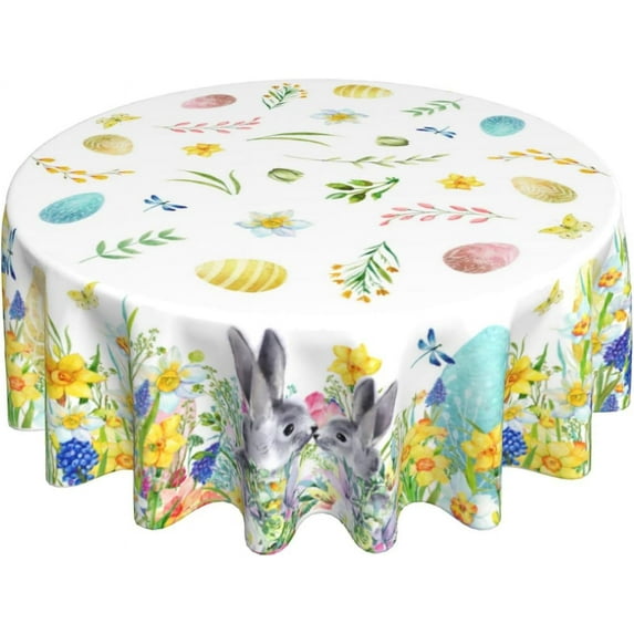 Easter Bunny Table Cloth Colorful Eggs Yellow Purple Floral Decorative Tablecloth Round 60 Inch Spring Flowers Washable Table Cover for Holiday Party Home Kitchen Dinning Room Picnic Decor