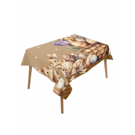 Easter Bunny Table Cloth, Waterproof Tablecloth for Rectangle Tables, Brown Eggs Flowers Rabbits Vintage Dots Plaid Reusable Washable Fabric Table Cover for Restaurant Kitchen Dining Tables 52"x70"