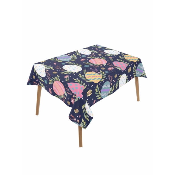 Easter Bunny Table Cloth, Waterproof Tablecloth for Rectangle Tables, Colorful Eggs Spring Leaves Daisy Navy Blue Reusable Washable Fabric Table Cover for Restaurant Kitchen Dining Tables 52"x70"