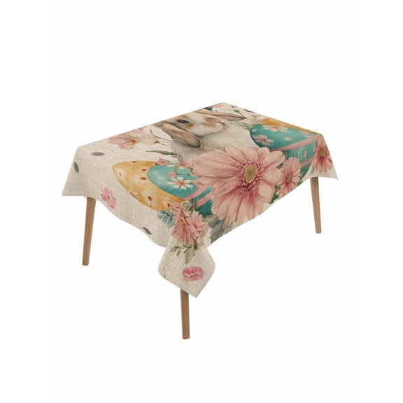 Easter Bunny Table Cloth, Waterproof Tablecloth for Rectangle Tables, Eggs Vintage Pink Daisy Spring Floral Butterfly Reusable Washable Fabric Table Cover for Restaurant Kitchen Dining Tables 52"x70"