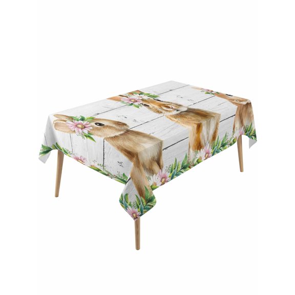Easter Bunny Table Cloth, Waterproof Tablecloth for Rectangle Tables, Spring Daisy Botanical Leaves Gray Wooden Reusable Washable Fabric Table Cover for Restaurant Kitchen Dining Tables 60"x120"