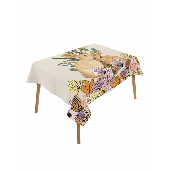 Easter Bunny Table Cloth, Waterproof Tablecloth for Rectangle Tables, Spring Floral Vintage Botanical Rabbits Beige Reusable Washable Fabric Table Cover for Restaurant Kitchen Dining Tables 52"x70"