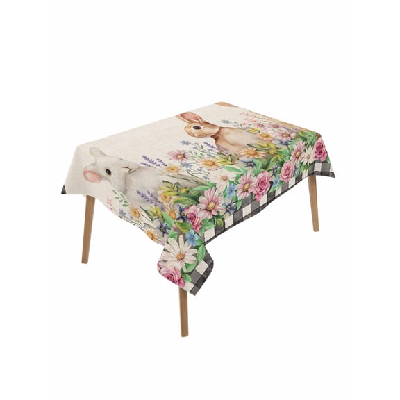 Easter Bunny Table Cloth, Waterproof Tablecloth for Rectangle Tables, Spring Flowers Leaves Cute Rabbits Pastoral Plants Reusable Washable Fabric Table Cover for Restaurant Kitchen Dining 52"x70"