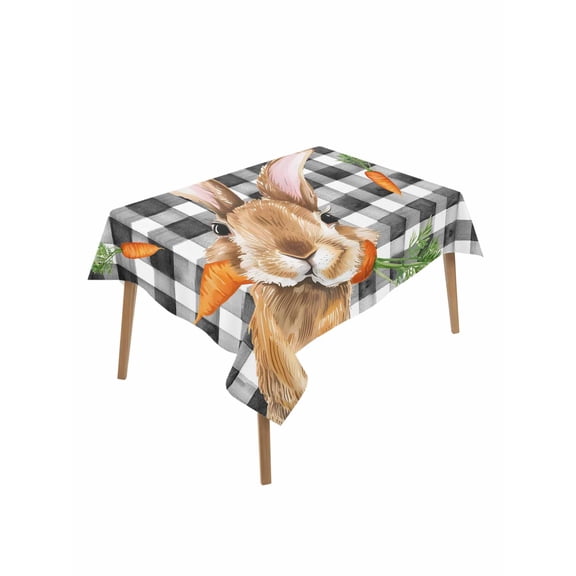 Easter Bunny Table Cloth, Waterproof Tablecloth for Rectangle Tables, Spring Rabbits Carrots Black Buffalo Plaid Reusable Washable Fabric Table Cover for Restaurant Kitchen Dining Tables 52"x70"
