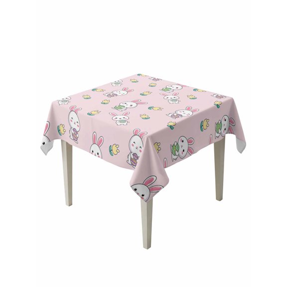 Easter Bunny Table Cloth, Waterproof Tablecloth for Square Tables, Cute Rabbits Eggs Spring Tulips Country Pink Reusable Washable Fabric Table Cover for Restaurant Kitchen Dining Tables 54"x54"