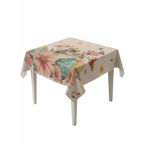 Easter Bunny Table Cloth, Waterproof Tablecloth for Square Tables, Eggs Vintage Pink Daisy Spring Floral Butterfly Reusable Washable Fabric Table Cover for Restaurant Kitchen Dining Tables 60"x60"