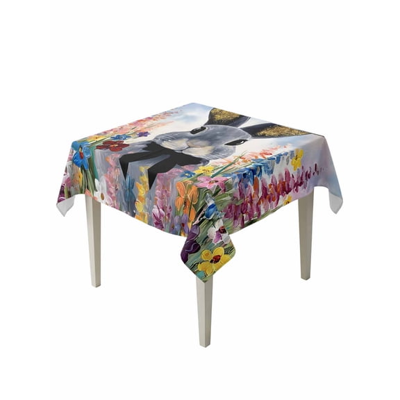 Easter Bunny Table Cloth, Waterproof Tablecloth for Square Tables, Grey Rabbit Spring Flowers Vintage Country Plants Reusable Washable Fabric Table Cover for Restaurant Kitchen Dining Tables 54"x54"