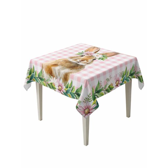Easter Bunny Table Cloth, Waterproof Tablecloth for Square Tables, Spring Daisy Botanical Leaves Pink Plaid Reusable Washable Fabric Table Cover for Restaurant Kitchen Dining Tables 54"x54"