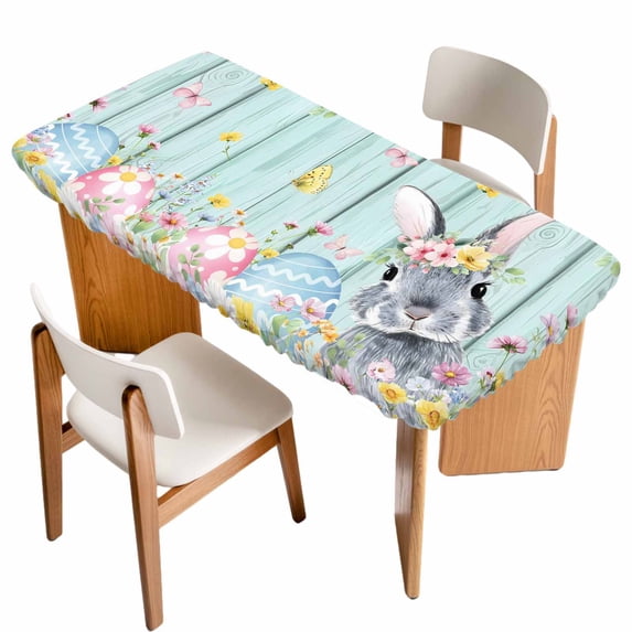 Easter Bunny Table Cloths for 3 Foot Rectangle Tables, Blue Easter Eggs Spring Floral Teal Wooden Patio Waterproof Elastic Fitted Tablecloths, Washable Rectangular Table Cover for Camping