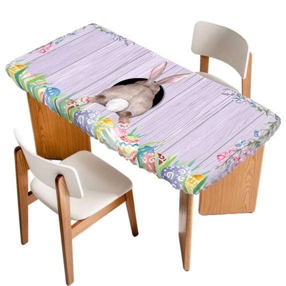 Easter Bunny Table Cloths for 3 Foot Rectangle Tables, Colorful Eggs Cute Rabbit Purple Wooden Plank Patio Waterproof Elastic Fitted Tablecloths, Washable Rectangular Table Cover for Camping