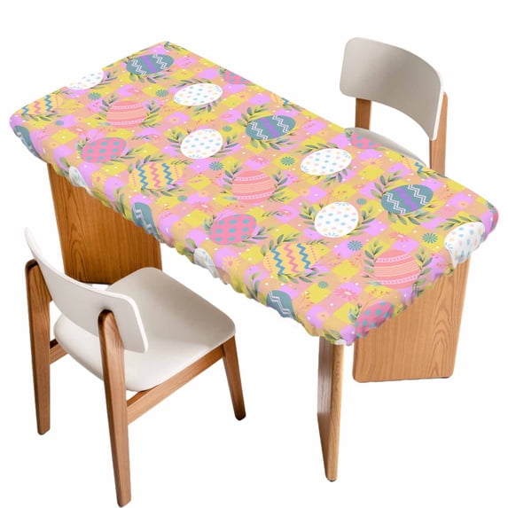 Easter Bunny Table Cloths for 3 Foot Rectangle Tables, Colorful Eggs Spring Leaves Daisy Yellow Pink Plaid Patio Waterproof Elastic Fitted Tablecloths, Washable Rectangular Table Cover for Camping