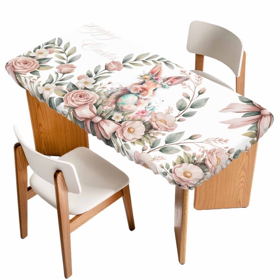 Easter Bunny Table Cloths for 3 Foot Rectangle Tables, Cute Rabbit Rose Floral Pastoral Leaves Plants Patio Waterproof Elastic Fitted Tablecloths, Washable Rectangular Table Cover for Camping