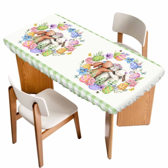 Easter Bunny Table Cloths for 3 Foot Rectangle Tables, Eggs Rabbits Flowers Eucalyptus Green Plaid Patio Waterproof Elastic Fitted Tablecloths, Washable Rectangular Table Cover for Camping
