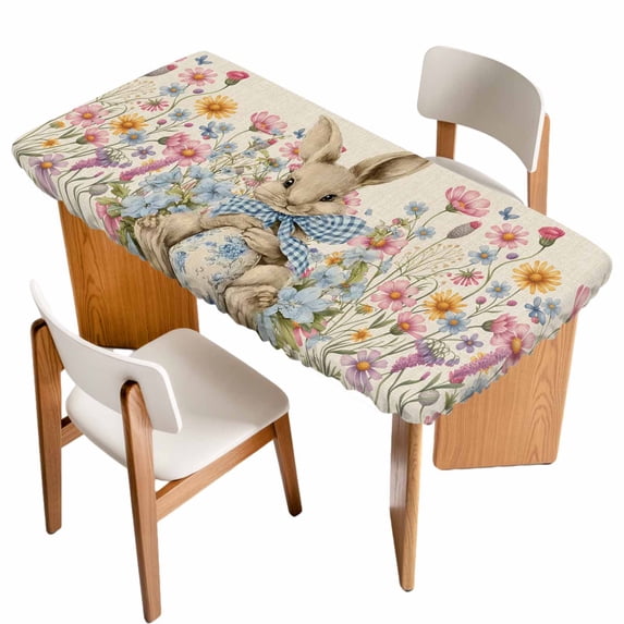 Easter Bunny Table Cloths for 3 Foot Rectangle Tables, Eggs Spring Daisy Retro Rabbits Vintage Plants Patio Waterproof Elastic Fitted Tablecloths, Washable Rectangular Table Cover for Camping