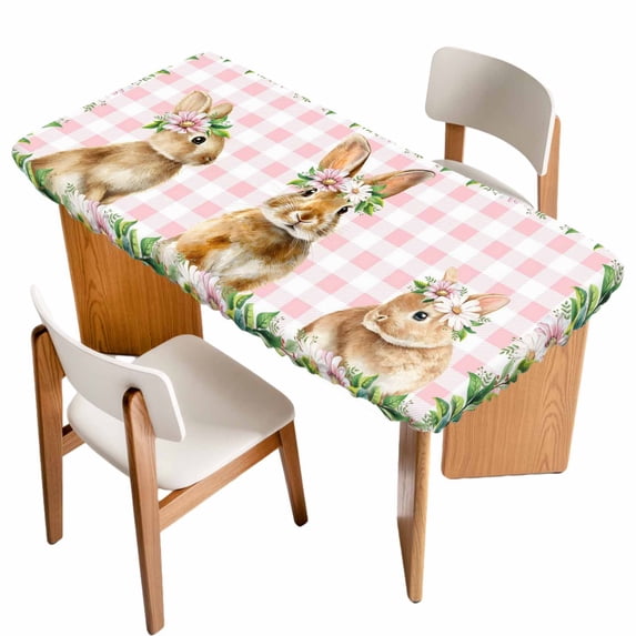 Easter Bunny Table Cloths for 3 Foot Rectangle Tables, Spring Daisy Botanical Leaves Pink Plaid Patio Waterproof Elastic Fitted Tablecloths, Washable Rectangular Table Cover for Camping