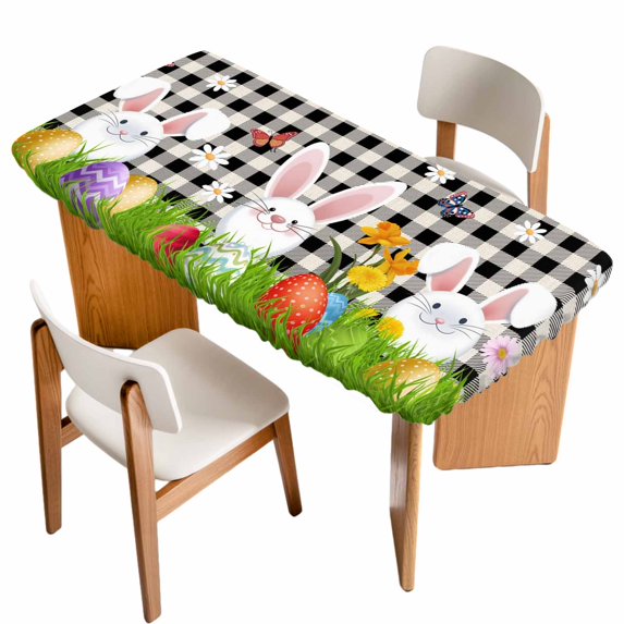 Easter Bunny Table Cloths for 3 Foot Rectangle Tables, Spring Easter Eggs Floral White Black Plaid Patio Waterproof Elastic Fitted Tablecloths, Washable Rectangular Table Cover for Camping