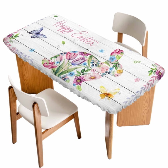 Easter Bunny Table Cloths for 3 Foot Rectangle Tables, Spring Flower Daisy Tulips Farmhouse Wood Plank Patio Waterproof Elastic Fitted Tablecloths, Washable Rectangular Table Cover for Camping