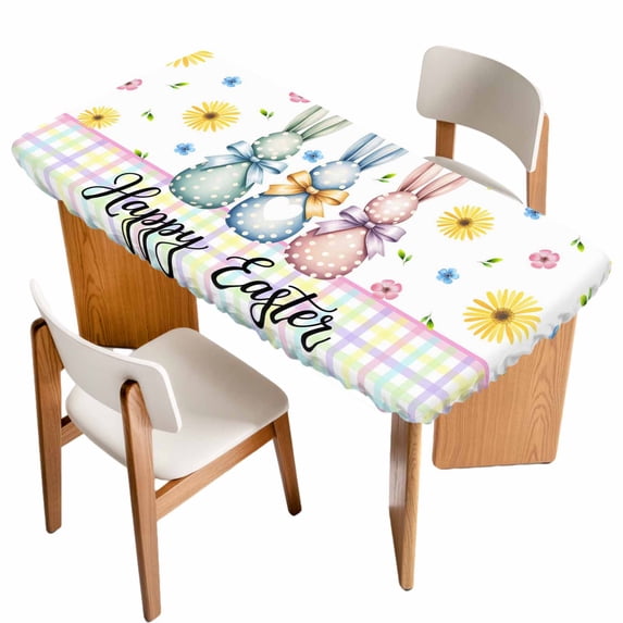 Easter Bunny Table Cloths for 3 Foot Rectangle Tables, Spring Watercolor Polka Dot Flower Plaid Patio Waterproof Elastic Fitted Tablecloths, Washable Rectangular Table Cover for Camping