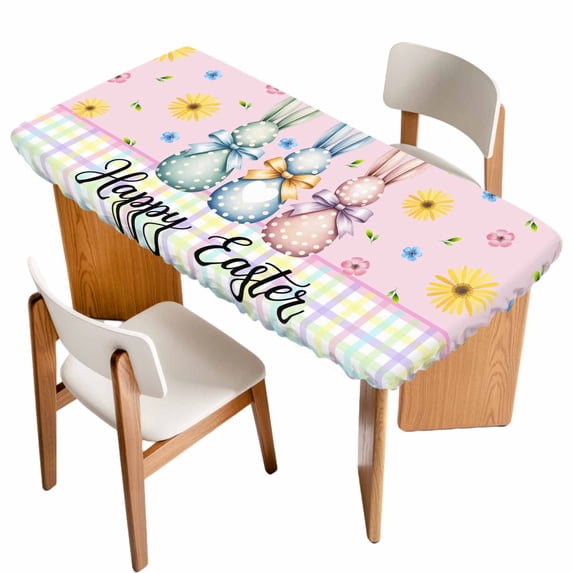 Easter Bunny Table Cloths for 3 Foot Rectangle Tables, Spring Watercolor Polka Dot Flower Plaid Pink Patio Waterproof Elastic Fitted Tablecloths, Washable Rectangular Table Cover for Camping
