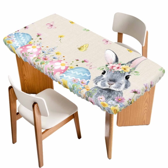 Easter Bunny Table Cloths for 4 Foot Rectangle Tables, Blue Easter Eggs Spring Floral Linen Patio Waterproof Elastic Fitted Tablecloths, Washable Rectangular Table Cover for Camping