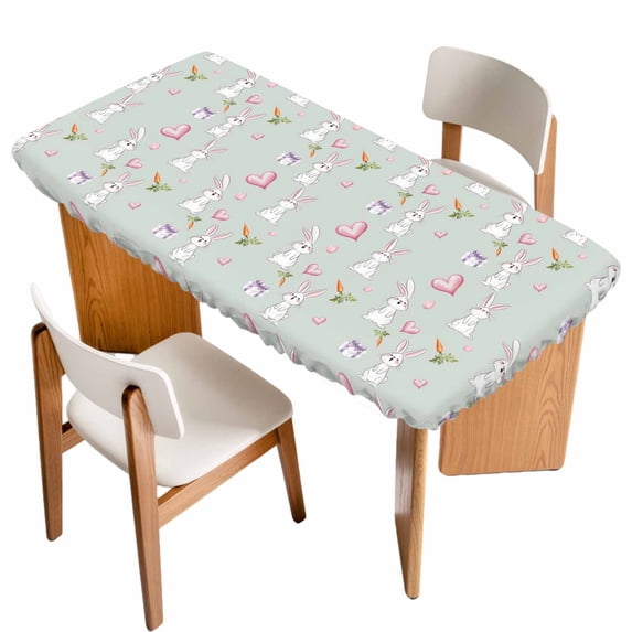 Easter Bunny Table Cloths for 4 Foot Rectangle Tables, Carrots Cute Rabbit Pink Love Heart Grey Green Patio Waterproof Elastic Fitted Tablecloths, Washable Rectangular Table Cover for Camping