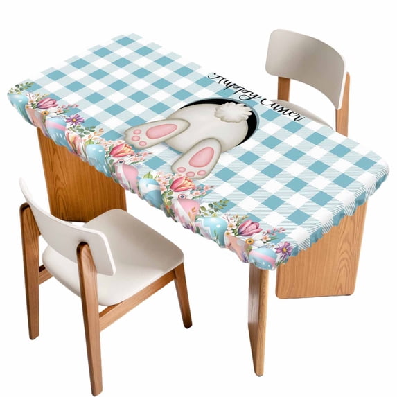 Easter Bunny Table Cloths for 4 Foot Rectangle Tables, Colorful Eggs Cute Rabbit Blue White Check Patio Waterproof Elastic Fitted Tablecloths, Washable Rectangular Table Cover for Camping