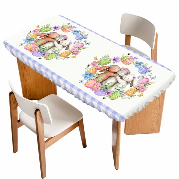 Easter Bunny Table Cloths for 4 Foot Rectangle Tables, Colorful Eggs Cute Rabbit Eucalyptus Purple Plaid Patio Waterproof Elastic Fitted Tablecloths, Washable Rectangular Table Cover for Camping
