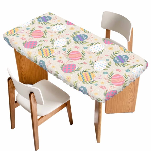 Easter Bunny Table Cloths for 4 Foot Rectangle Tables, Colorful Eggs Spring Leaves Daisy Flowers Patio Waterproof Elastic Fitted Tablecloths, Washable Rectangular Table Cover for Camping