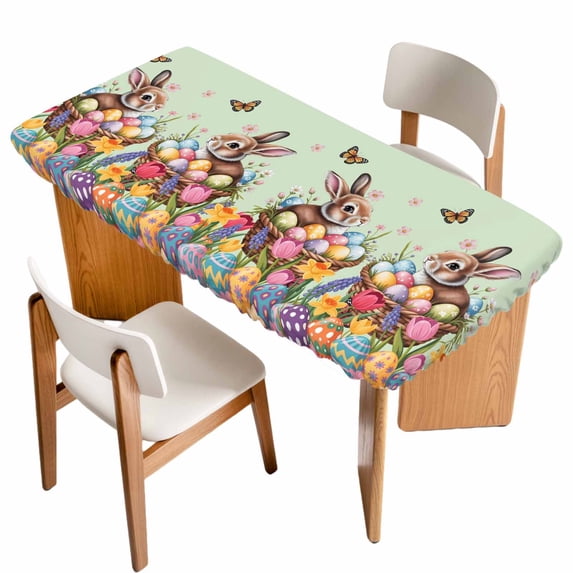 Easter Bunny Table Cloths for 4 Foot Rectangle Tables, Colorful Eggs Spring Tulips Flower Green Patio Waterproof Elastic Fitted Tablecloths, Washable Rectangular Table Cover for Camping
