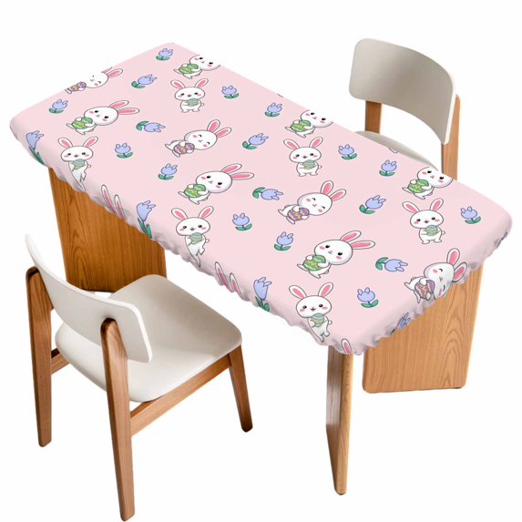 Easter Bunny Table Cloths for 4 Foot Rectangle Tables, Cute Rabbits Eggs Tulips Flowers Rustic Pink Patio Waterproof Elastic Fitted Tablecloths, Washable Rectangular Table Cover for Camping