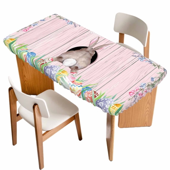 Easter Bunny Table Cloths for 4 Foot Rectangle Tables, Eggs Cute Rabbit Pink Wooden Grain Farm Patio Waterproof Elastic Fitted Tablecloths, Washable Rectangular Table Cover for Camping