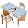 thumbnail image 1 of Easter Bunny Table Cloths for 4 Foot Rectangle Tables, Eggs Cute Rabbit Purple Wooden Grain Rustic Patio Waterproof Elastic Fitted Tablecloths, Washable Rectangular Table Cover for Camping, 1 of 8