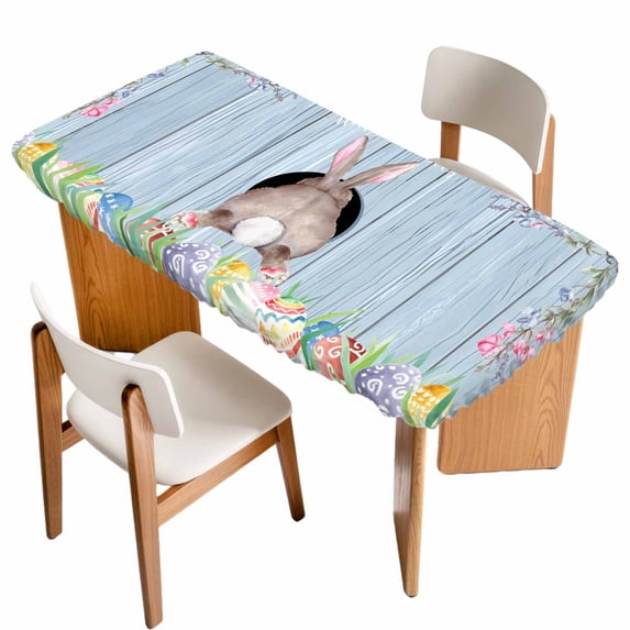 Easter Bunny Table Cloths for 4 Foot Rectangle Tables, Eggs Cute Rabbit Purple Wooden Grain Rustic Patio Waterproof Elastic Fitted Tablecloths, Washable Rectangular Table Cover for Camping