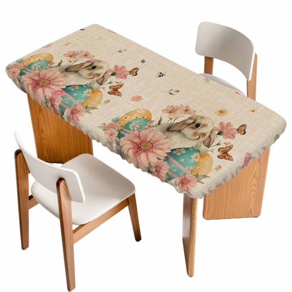 Easter Bunny Table Cloths for 4 Foot Rectangle Tables, Eggs Vintage Pink Daisy Spring Floral Butterfly Patio Waterproof Elastic Fitted Tablecloths, Washable Rectangular Table Cover for Camping