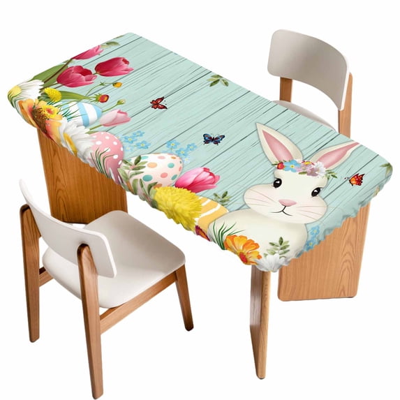 Easter Bunny Table Cloths for 4 Foot Rectangle Tables, Farmhouse Watercolor Eggs Tulip Wooden Grain Patio Waterproof Elastic Fitted Tablecloths, Washable Rectangular Table Cover for Camping