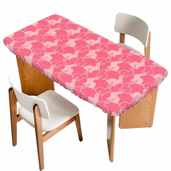 Easter Bunny Table Cloths for 4 Foot Rectangle Tables, Pink Cute Rabbits Animal Cartoon Patio Waterproof Elastic Fitted Tablecloths, Washable Rectangular Table Cover for Camping
