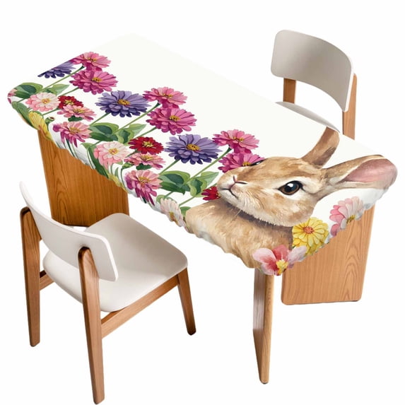 Easter Bunny Table Cloths for 4 Foot Rectangle Tables, Spring Colorful Daisy Flowers Rabbit Rustic Patio Waterproof Elastic Fitted Tablecloths, Washable Rectangular Table Cover for Camping