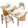 thumbnail image 1 of Easter Bunny Table Cloths for 4 Foot Rectangle Tables, Spring Daisy Botanical Leaves Gray Wooden Patio Waterproof Elastic Fitted Tablecloths, Washable Rectangular Table Cover for Camping, 1 of 8