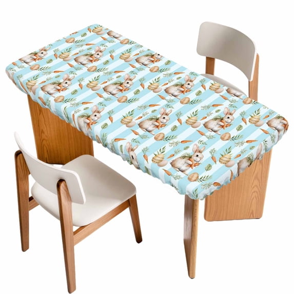 Easter Bunny Table Cloths for 4 Foot Rectangle Tables, Spring Easter Eggs Botanical Blue Striped Patio Waterproof Elastic Fitted Tablecloths, Washable Rectangular Table Cover for Camping