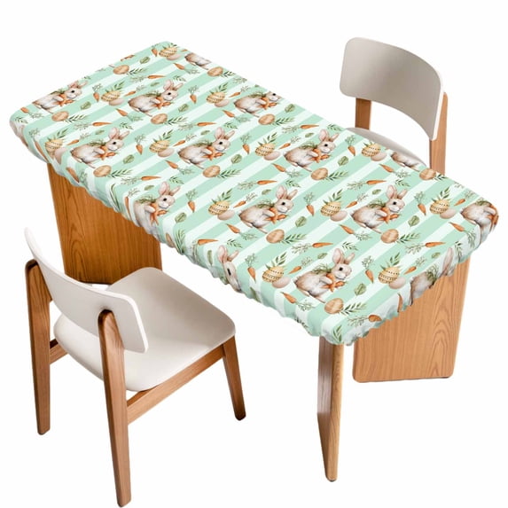 Easter Bunny Table Cloths for 4 Foot Rectangle Tables, Spring Easter Eggs Botanical Green Striped Patio Waterproof Elastic Fitted Tablecloths, Washable Rectangular Table Cover for Camping