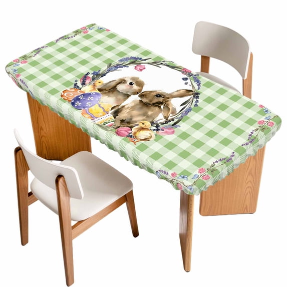 Easter Bunny Table Cloths for 4 Foot Rectangle Tables, Spring Easter Eggs Chick Floral Sage Green Check Patio Waterproof Elastic Fitted Tablecloths, Washable Rectangular Table Cover for Camping