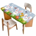 thumbnail image 1 of Easter Bunny Table Cloths for 4 Foot Rectangle Tables, Spring Easter Eggs Floral Blue Woodn Patio Waterproof Elastic Fitted Tablecloths, Washable Rectangular Table Cover for Camping, 1 of 8