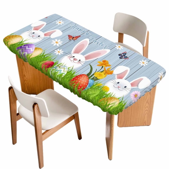 Easter Bunny Table Cloths for 4 Foot Rectangle Tables, Spring Easter Eggs Floral Blue Woodn Patio Waterproof Elastic Fitted Tablecloths, Washable Rectangular Table Cover for Camping