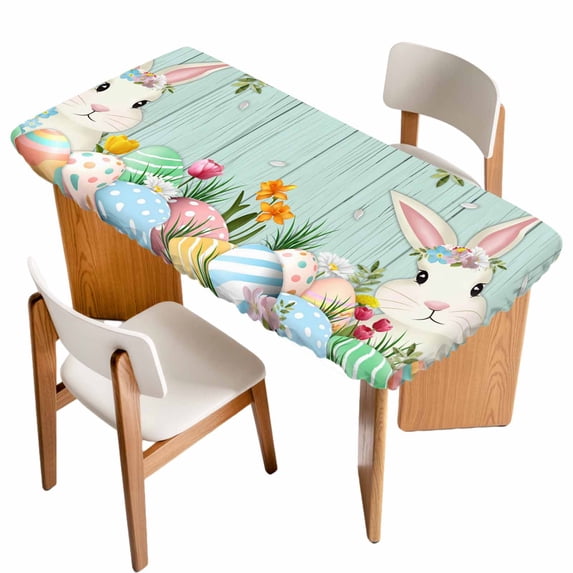 Easter Bunny Table Cloths for 4 Foot Rectangle Tables, Spring Watercolor Eggs Flower Wood Grain Teal Patio Waterproof Elastic Fitted Tablecloths, Washable Rectangular Table Cover for Camping
